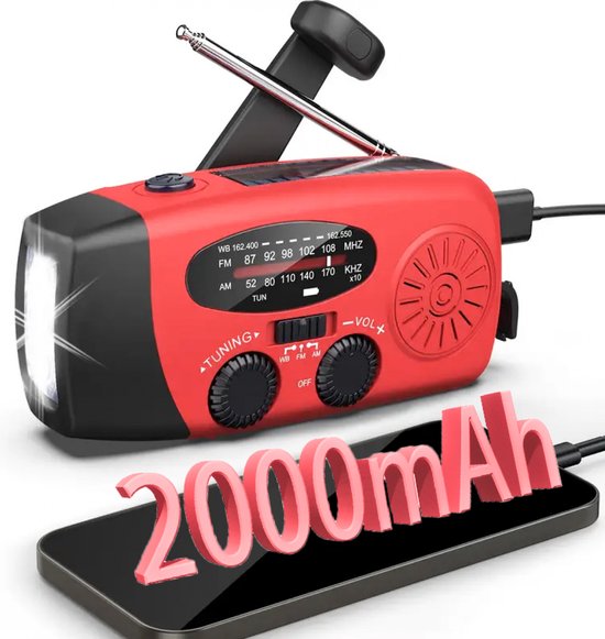 Multifunctionele Noodradio met AM/FM, Solar en Opwindbare Oplading, 2000 mAh Powerbank en Zaklamp