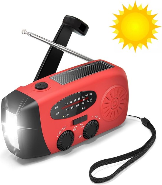 Multifunctionele Noodradio met AM/FM, Solar en Opwindbare Oplading, 2000 mAh Powerbank en Zaklamp