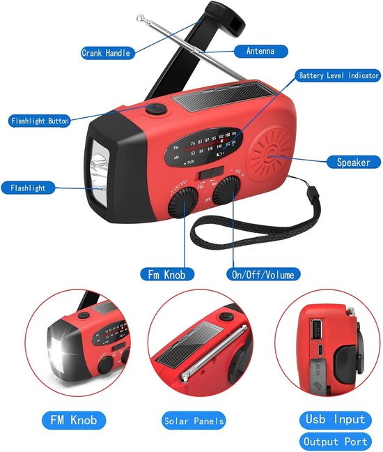 Multifunctionele Noodradio met AM/FM, Solar en Opwindbare Oplading, 2000 mAh Powerbank en Zaklamp